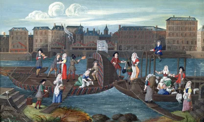 Tienda de pescado y barco lavandería en el Quai de la Megisserie, c.1670